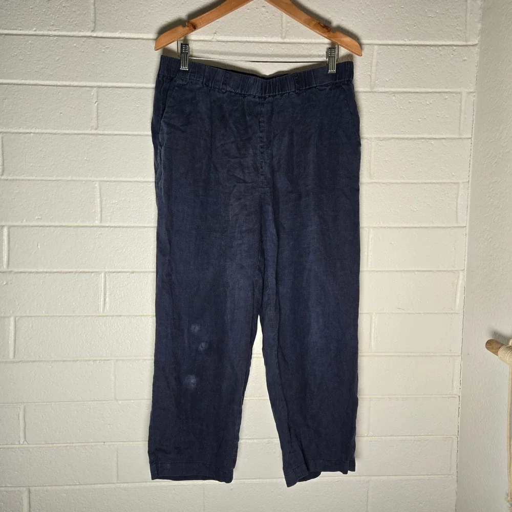 Quince Women Linen Pants Navy Large Elastic Waist Relaxed Cropped Boho Resort